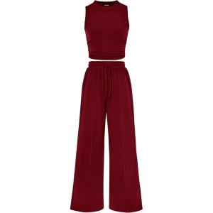 imageBTFBM Women Summer 2 Piece Outfits 2025 Beach Crew Neck Sleeveless Cropped Top Elastic Waist Wide Leg Pants Lounge SetSolid Wine Red