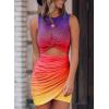 imageBTFBM Women 2025 Summer Sleeveless Casual Crewneck Bodycon Tank Dress Cutout Twist Slim Wrap Club Party Evening DressesTie Dye Purple Yellow