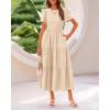 imageBTFBM Women Casual Summer Dresses 2025 Spring Crewneck Short Sleeve Tiered Flowy Boho Maxi Beach Vacation Dress PocketsBeige