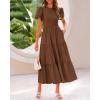 imageBTFBM Women Casual Summer Dresses 2025 Spring Crewneck Short Sleeve Tiered Flowy Boho Maxi Beach Vacation Dress PocketsBrown