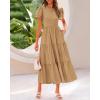 imageBTFBM Women Casual Summer Dresses 2025 Spring Crewneck Short Sleeve Tiered Flowy Boho Maxi Beach Vacation Dress PocketsKhaki