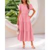imageBTFBM Women Casual Summer Dresses 2025 Spring Crewneck Short Sleeve Tiered Flowy Boho Maxi Beach Vacation Dress PocketsPink