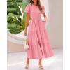 imageBTFBM Women Casual Summer Dresses 2025 Spring Crewneck Short Sleeve Tiered Flowy Boho Maxi Beach Vacation Dress PocketsPink