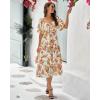 imageBTFBM Women Summer Dresses 2025 Casual Flowy Beach Square Neck Puff Short Sleeve Smocked Back Boho Floral Long Maxi DressFloral White Orange