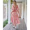 imageBTFBM Women Summer Dresses 2025 Casual Flowy Beach Square Neck Puff Short Sleeve Smocked Back Boho Floral Long Maxi DressFloral White Red