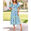imageBTFBM Women Summer Dresses 2025 Casual Flowy Beach Square Neck Puff Short Sleeve Smocked Back Boho Floral Long Maxi DressPrint Blue