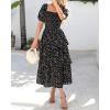 imageBTFBM Womens Square Neck Smocked Dress Summer Puff Short Sleeve Floral Casual Ruffle Tiered Maxi Wedding Guest DressesDot Black Multicolor