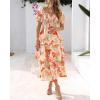 imageBTFBM Womens Square Neck Smocked Dress Summer Puff Short Sleeve Floral Casual Ruffle Tiered Maxi Wedding Guest DressesFloral Apricot Orange