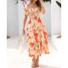 imageBTFBM Womens Square Neck Smocked Dress Summer Puff Short Sleeve Floral Casual Ruffle Tiered Maxi Wedding Guest DressesFloral Apricot Orange