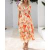 imageBTFBM Womens Square Neck Smocked Dress Summer Puff Short Sleeve Floral Casual Ruffle Tiered Maxi Wedding Guest DressesFloral Apricot Orange