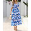 imageBTFBM Womens Square Neck Smocked Dress Summer Puff Short Sleeve Floral Casual Ruffle Tiered Maxi Wedding Guest DressesFloral Blue White