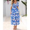 imageBTFBM Womens Square Neck Smocked Dress Summer Puff Short Sleeve Floral Casual Ruffle Tiered Maxi Wedding Guest DressesFloral Blue White