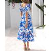 imageBTFBM Womens Square Neck Smocked Dress Summer Puff Short Sleeve Floral Casual Ruffle Tiered Maxi Wedding Guest DressesFloral Blue White