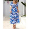 imageBTFBM Womens Square Neck Smocked Dress Summer Puff Short Sleeve Floral Casual Ruffle Tiered Maxi Wedding Guest DressesFloral Blue White