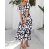 imageBTFBM Womens Square Neck Smocked Dress Summer Puff Short Sleeve Floral Casual Ruffle Tiered Maxi Wedding Guest DressesFloral Navy White