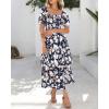 imageBTFBM Womens Square Neck Smocked Dress Summer Puff Short Sleeve Floral Casual Ruffle Tiered Maxi Wedding Guest DressesFloral Navy White