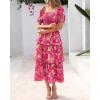 imageBTFBM Womens Square Neck Smocked Dress Summer Puff Short Sleeve Floral Casual Ruffle Tiered Maxi Wedding Guest DressesFloral Rose Red