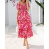 imageBTFBM Womens Square Neck Smocked Dress Summer Puff Short Sleeve Floral Casual Ruffle Tiered Maxi Wedding Guest DressesFloral Rose Red