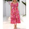 imageBTFBM Womens Square Neck Smocked Dress Summer Puff Short Sleeve Floral Casual Ruffle Tiered Maxi Wedding Guest DressesFloral Rose Red