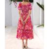 imageBTFBM Womens Square Neck Smocked Dress Summer Puff Short Sleeve Floral Casual Ruffle Tiered Maxi Wedding Guest DressesFloral Rose Red