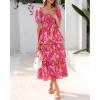 imageBTFBM Womens Square Neck Smocked Dress Summer Puff Short Sleeve Floral Casual Ruffle Tiered Maxi Wedding Guest DressesFloral Rose Red