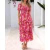 imageBTFBM Womens Square Neck Smocked Dress Summer Puff Short Sleeve Floral Casual Ruffle Tiered Maxi Wedding Guest DressesFloral Rose Red