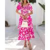 imageBTFBM Womens Square Neck Smocked Dress Summer Puff Short Sleeve Floral Casual Ruffle Tiered Maxi Wedding Guest DressesFloral Rose Red White