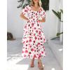 imageBTFBM Womens Square Neck Smocked Dress Summer Puff Short Sleeve Floral Casual Ruffle Tiered Maxi Wedding Guest DressesFloral White Red