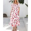 imageBTFBM Womens Square Neck Smocked Dress Summer Puff Short Sleeve Floral Casual Ruffle Tiered Maxi Wedding Guest DressesFloral White Red