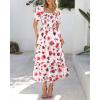 imageBTFBM Womens Square Neck Smocked Dress Summer Puff Short Sleeve Floral Casual Ruffle Tiered Maxi Wedding Guest DressesFloral White Red
