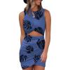 imageBTFBM Women 2025 Summer Sleeveless Casual Crewneck Bodycon Tank Dress Cutout Twist Slim Wrap Club Party Evening DressesLeaf Print Dark Blue