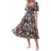 imageBTFBM Women Summer Dresses 2025 Casual Flowy Beach Square Neck Puff Short Sleeve Smocked Back Boho Floral Long Maxi DressFloral Black Yellow