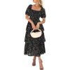 imageBTFBM Womens Square Neck Smocked Dress Summer Puff Short Sleeve Floral Casual Ruffle Tiered Maxi Wedding Guest DressesDot Black Multicolor
