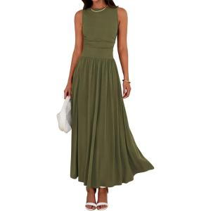 imageBTFBM Summer Maxi Dresses for Women 2025 Sleeveless Casual Ruched High Waisted Tank Long Sundress Flowy Beach DressArmy Green