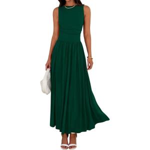 imageBTFBM Summer Maxi Dresses for Women 2025 Sleeveless Casual Ruched High Waisted Tank Long Sundress Flowy Beach DressDark Green