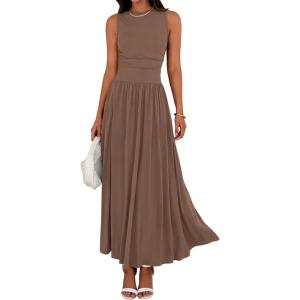 imageBTFBM Summer Maxi Dresses for Women 2025 Sleeveless Casual Ruched High Waisted Tank Long Sundress Flowy Beach DressKhaki