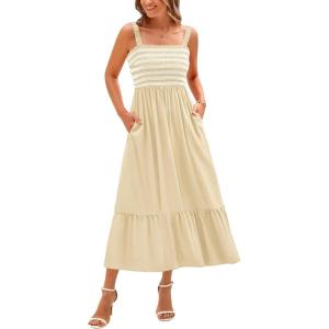 imageBTFBM Summer Midi Dresses for Women 2025 Sleeveless Square Neck Smocked Flowy Long Beach Vacation Sundress with PocketBeige