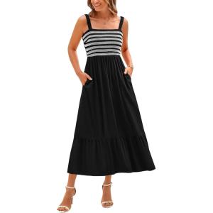 imageBTFBM Summer Midi Dresses for Women 2025 Sleeveless Square Neck Smocked Flowy Long Beach Vacation Sundress with PocketBlack