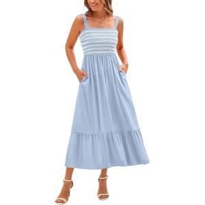 imageBTFBM Summer Midi Dresses for Women 2025 Sleeveless Square Neck Smocked Flowy Long Beach Vacation Sundress with PocketBlue