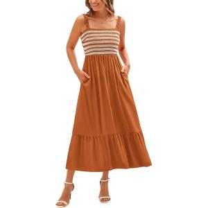 imageBTFBM Summer Midi Dresses for Women 2025 Sleeveless Square Neck Smocked Flowy Long Beach Vacation Sundress with PocketBrown Yellow