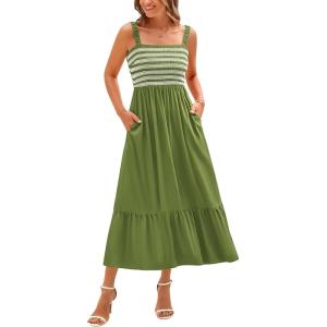 imageBTFBM Summer Midi Dresses for Women 2025 Sleeveless Square Neck Smocked Flowy Long Beach Vacation Sundress with PocketGreen