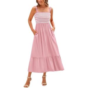 imageBTFBM Summer Midi Dresses for Women 2025 Sleeveless Square Neck Smocked Flowy Long Beach Vacation Sundress with PocketPink