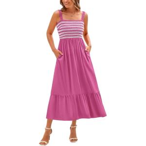 imageBTFBM Summer Midi Dresses for Women 2025 Sleeveless Square Neck Smocked Flowy Long Beach Vacation Sundress with PocketRose Red