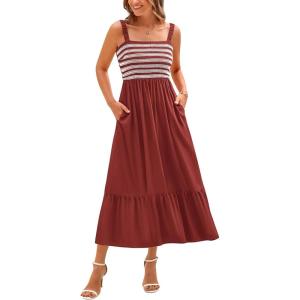 imageBTFBM Summer Midi Dresses for Women 2025 Sleeveless Square Neck Smocked Flowy Long Beach Vacation Sundress with PocketRust Red