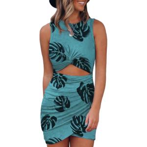 imageBTFBM Women 2025 Summer Sleeveless Casual Crewneck Bodycon Tank Dress Cutout Twist Slim Wrap Club Party Evening DressesLeaf Print Green