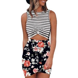 imageBTFBM Women 2025 Summer Sleeveless Casual Crewneck Bodycon Tank Dress Cutout Twist Slim Wrap Club Party Evening DressesStripe and Floral Black