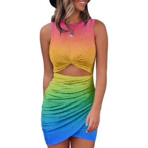 imageBTFBM Women 2025 Summer Sleeveless Casual Crewneck Bodycon Tank Dress Cutout Twist Slim Wrap Club Party Evening DressesTie Dye Pink Blue