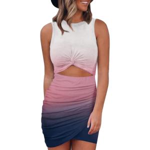 imageBTFBM Women 2025 Summer Sleeveless Casual Crewneck Bodycon Tank Dress Cutout Twist Slim Wrap Club Party Evening DressesTie Dye Pink White