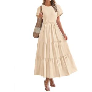 imageBTFBM Women Casual Summer Dresses 2025 Spring Crewneck Short Sleeve Tiered Flowy Boho Maxi Beach Vacation Dress PocketsBeige