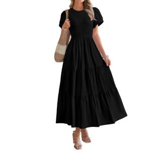 imageBTFBM Women Casual Summer Dresses 2025 Spring Crewneck Short Sleeve Tiered Flowy Boho Maxi Beach Vacation Dress PocketsBlack